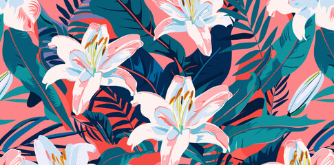 Vibrant tropical floral pattern with pink and white lilies and green leaves on a coral background