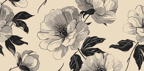 Elegant black and white floral pattern with large blossoms and intricate leaves against a cream background