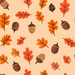 Seamless pattern with acorns and autumn leaves. Perfect for fall-themed designs textiles and packaging