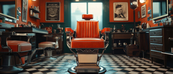Cinematic still of a barber chair in a vintage barbershop