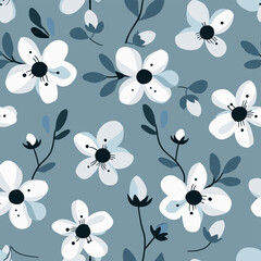A seamless pattern of white flowers with black centers on a blue background. The flowers are stylized and have a hand-drawn look