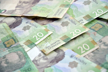 Processed collage of Ukrainian Hryvnia UAH bills banknotes texture. Background for banner