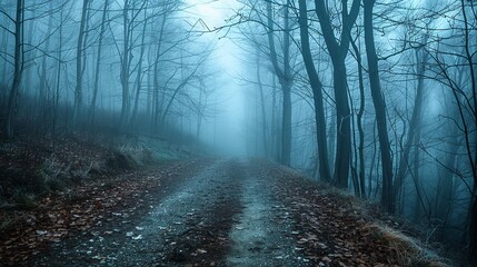 Obraz premium Mysterious forest road in the morning fog. Dark fantasy woods landscape in mist.