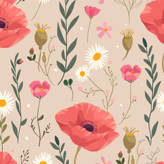 Seamless floral pattern with poppies daisies and pink flowers on a beige background. Perfect for fabric wallpaper or packaging design