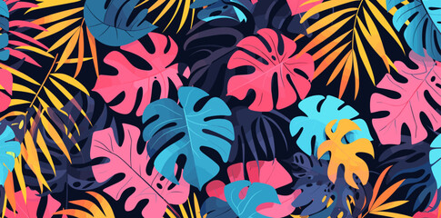 Vibrant tropical leaves pattern in pink blue yellow and green on a black background. Perfect for textile prints wallpaper or digital designs