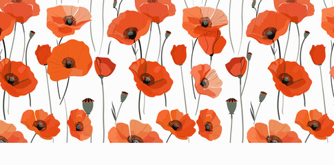 A vibrant seamless pattern featuring a field of blooming red poppies against a white background. The intricate detail of the flower petals and delicate stems creates a captivating floral design