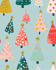 A cheerful and festive Christmas pattern featuring colorful stylized Christmas trees with gold stars and confetti on a blue background