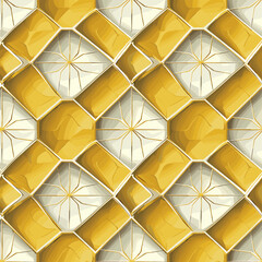 A seamless pattern of interlocking golden and white geometric shapes creating a luxurious and modern design