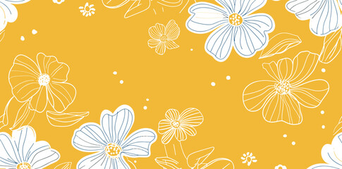A Seamless Pattern of White Flowers with Blue Lines on a Yellow Background