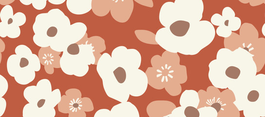 Abstract floral pattern with white and pink flowers on a rusty orange background. This seamless design is perfect for various creative projects like textiles wallpapers and digital prints
