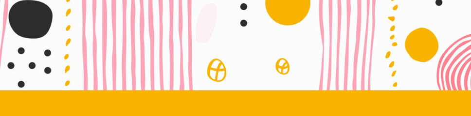 Abstract pattern with pink and yellow shapes on a white background. The design features stripes dots and circles. The background is a solid yellow color