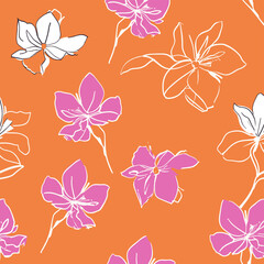 A seamless pattern featuring pink and white flowers on an orange background. This vibrant design can be used for a variety of applications such as textiles wallpaper and packaging
