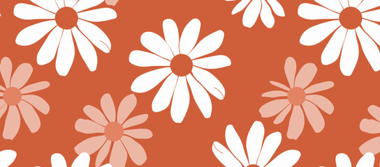 A seamless pattern of white and pink daisies on a rusty orange background. The flowers are stylized and graphic in nature creating a modern and cheerful aesthetic