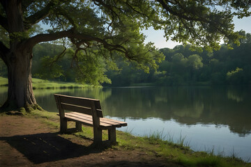Obraz premium A lonely bench beside a tranquil lake