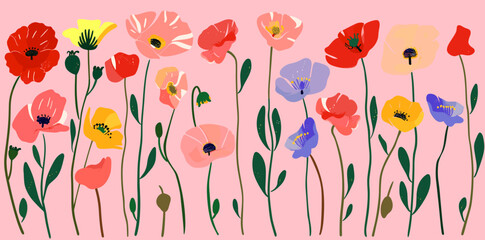 A vibrant collection of poppy flowers with delicate stems and leaves rendered in a stylized flat design on a pink background