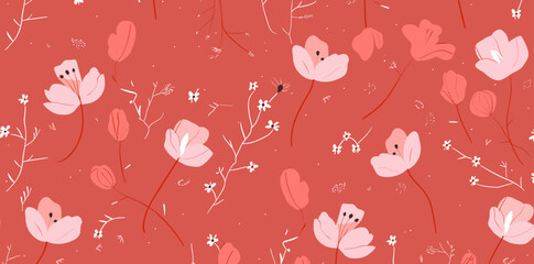 A seamless pattern featuring pink and red flowers on a coral background. The design is whimsical and features stylized flowers and stems. Ideal for backgrounds textiles and decorative projects