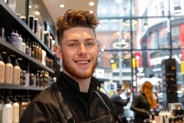 Obraz premium Portrait, Happy Young Adult Male Employee Smiling Inside Hair Salon, Haircare Products Display