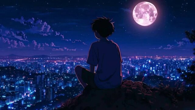 Sad lofi man sitting on mountain in the night