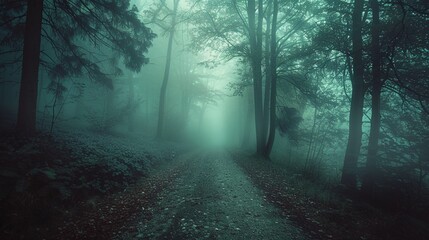 Fototapeta premium Mysterious forest in a foggy day with a pathway leading to the horizon. Landscape scary scene.