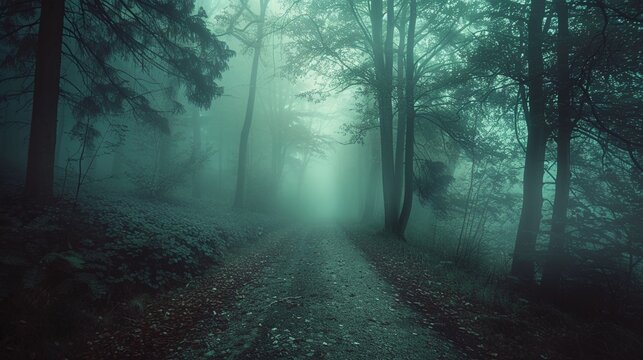 Mysterious forest in a foggy day with a pathway leading to the horizon. Landscape scary scene.