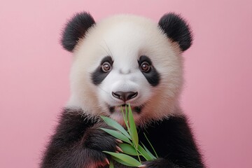 Fototapeta premium Close-up of a panda eating bamboo against a pink background.