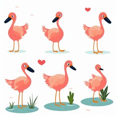 Obraz premium Cute Cartoon Flamingos with Hearts and Grass Elements Illustration - Perfect for Kids' Designs, Greeting Cards, and Educational Materials
