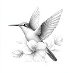 Obraz premium Black and white illustration of a hummingbird in flight, surrounded by delicate flowers, showcasing intricate details and elegant beauty.
