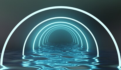 Neon circle on water surface, Glowing walkway, Pool showroom, Technology, Podium, Product presentation, Modern sea scene, Technology, Future, Sci Fi, 3D illustration
