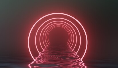 Neon circle on water surface, Glowing walkway, Pool showroom, Technology, Podium, Product presentation, Modern sea scene, Technology, Future, Sci Fi, 3D illustration