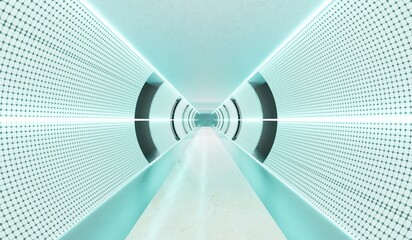 Neon circle tunnel, modern pipes, glowing walkway, technology showroom, podium, product presentation, futuristic pipes, modern Sci Fi, 3D illustration