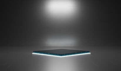 Technology podium, neon light, dark square podium, product presentation, dark digital scene, glowing spaceship corridor, black background, showroom, technology, future, modern, sci fi, 3d illustration