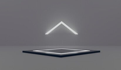 Technology podium, neon light, dark square podium, product presentation, dark digital scene, glowing spaceship corridor, black background, showroom, technology, future, modern, sci fi, 3d illustration