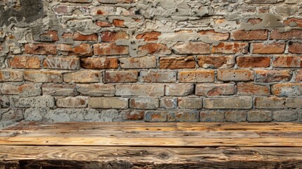 Brown wooden table and old brick wall for photomontage or product display