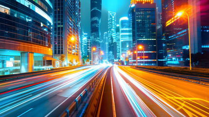 Obraz premium high-speed car motion blur light trails in city streets, urban background with skyscrapers, and modern buildings at night. Long-exposure photography for advertising design 