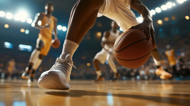 A close-up of the hand of a basketball player dribbling, holding a basketball with his hands in motion on the court during a game