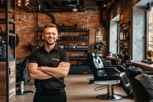 Portrait Of A Confident Male Barber With Crossed Arms Smiling In A Modern Barbershop Interior.