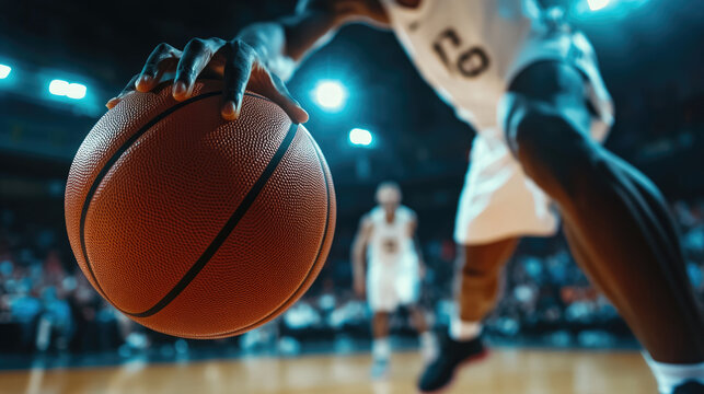 A close-up of the hand of a basketball player dribbling, holding a basketball with his hands in motion on the court during a game