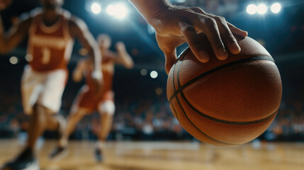 A close-up of the hand of a basketball player dribbling, holding a basketball with his hands in motion on the court during a game
