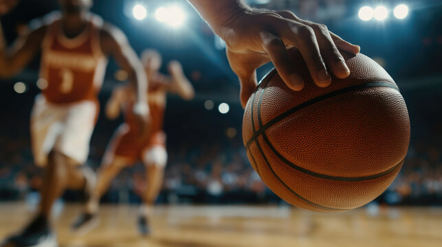 A close-up of the hand of a basketball player dribbling, holding a basketball with his hands in motion on the court during a game