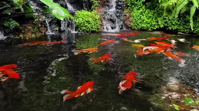 Colorful koi fish in serene pond with lush greenery