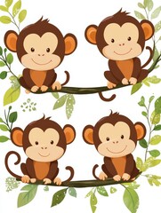 Fototapeta premium Four Cute Monkeys on a Branch