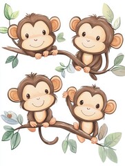 Fototapeta premium Four Adorable Monkeys on a Branch