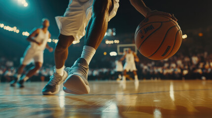 Naklejka premium A close-up of the hand of a basketball player dribbling, holding a basketball with his hands in motion on the court during a game