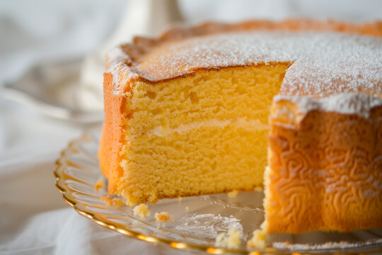 Classic genoise sponge cake with powdered sugar