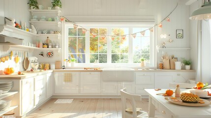 A cozy kitchen with Halloween banners hanging, a tray of freshly baked cookies, and kids painting Halloween-themed designs on canvases