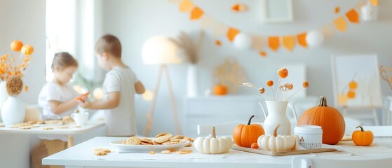 A dining room with pumpkin-themed banners, a tray of cookies, and a family painting fall-themed crafts