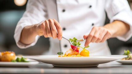 Chef showing plating techniques to culinary students, elegant presentation, plating education