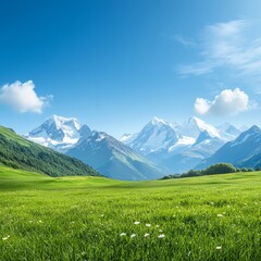 Scenic landscape of lush green meadow with rolling hills, snowy mountain peaks, and blue sky with clouds on a bright sunny day.
