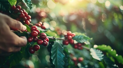 Old man 's hand picking Arabica coffee berries or Robusta berries in coffee harvesting. Generative AI, AI generated for Ads