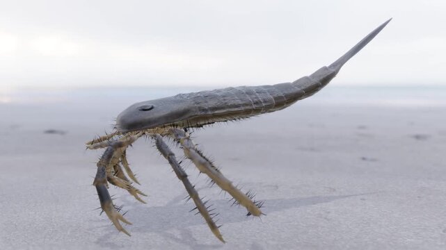 An animation of prehistoric Eurypterid Kokomopterus (Sea Scorpion) walking on a Silurian Period tidal flat 418 million years ago. Eurypterids are extinct arthropod ancestors of spiders and scorpions